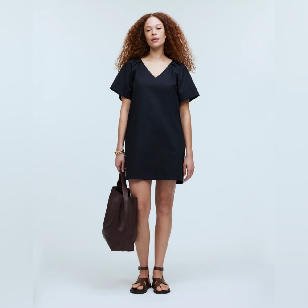 Madewell Black V-Neck Mini Dress Minimalist simple pockets Poplin cotton